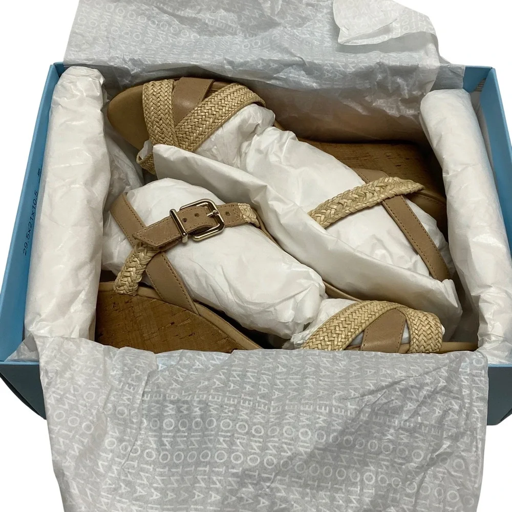 Antonio‎ Melani Tan Leather Braided T-Strap Cork Wedge Sandals Size 9M NIB